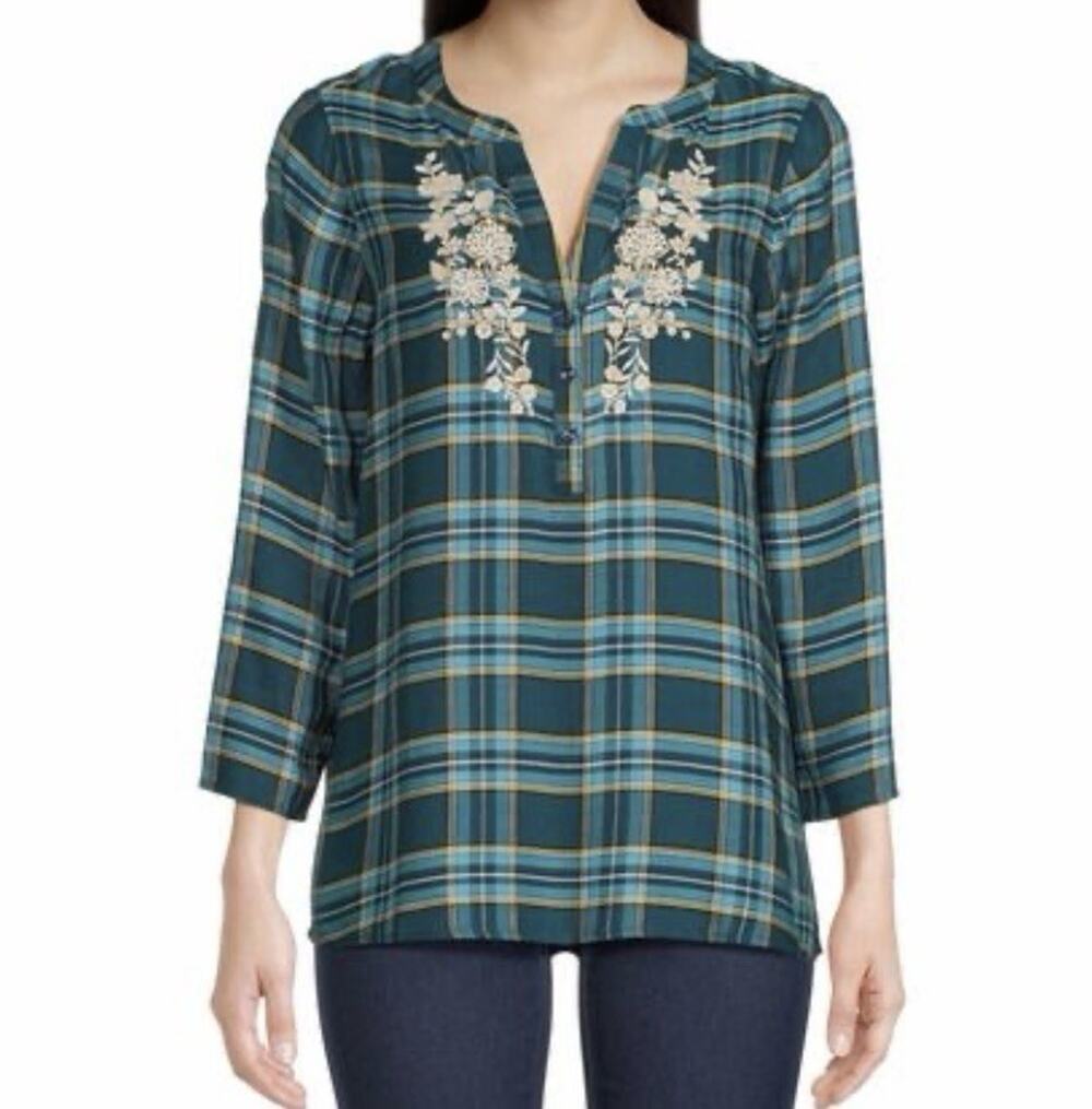 The Pioneer Woman Women’s Embellished Henley Top Blue Green Plaid Fall Style 3X